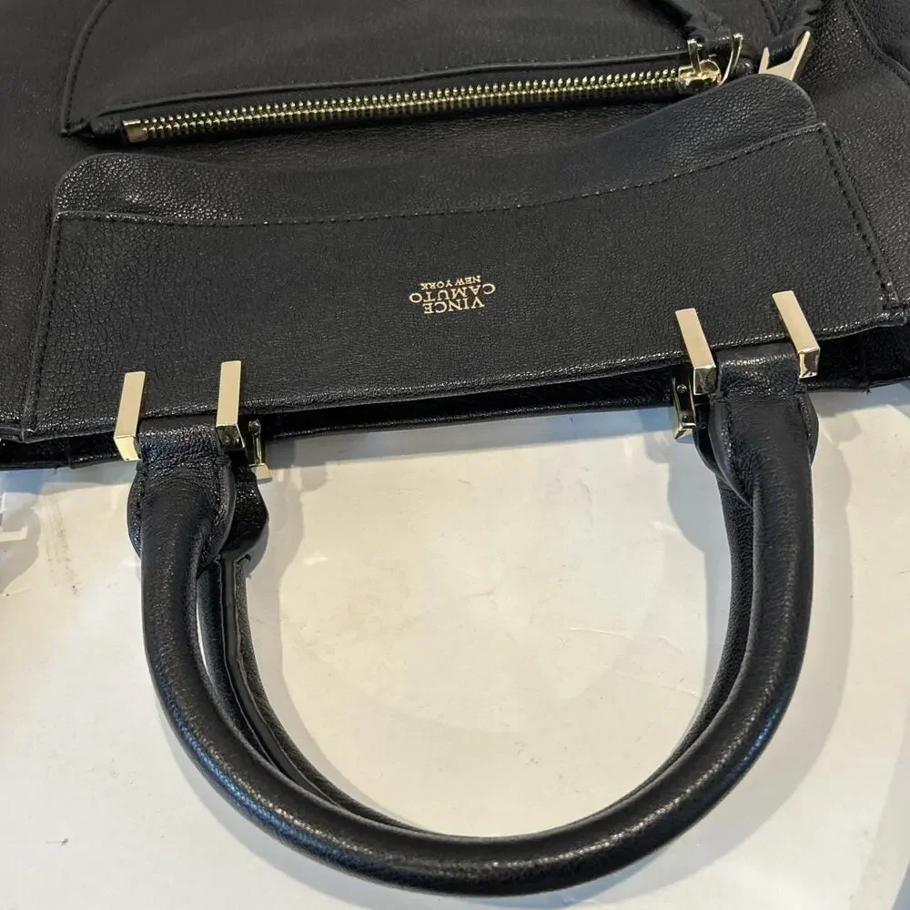 Vince Camuto Black Pebbled Leather Satchel Shoulder Bag with Gold Accents